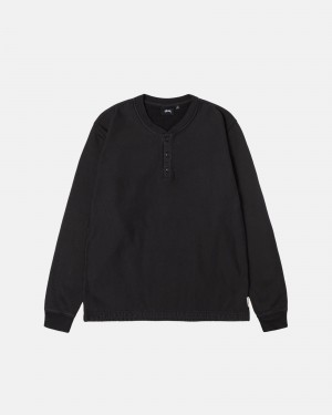 Black Stüssy Open Hem Henley Fleece | VQNS1-2309