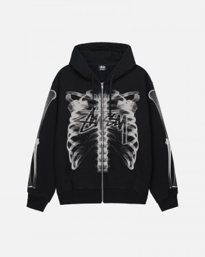 Black White Stüssy Rib Cage Zip Hood | BINL-45729