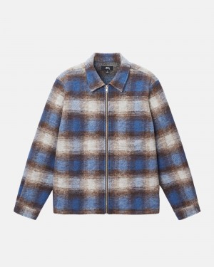 Blue Stüssy Brushed Wool Plaid Zip Shirt | JWTX7-6918