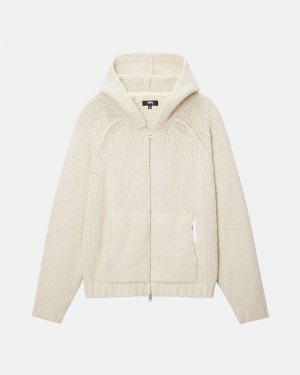 Ivory Stüssy Chunky Knit Zip Hoodie | MROT-31970