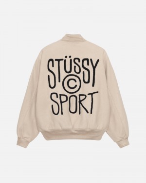 Oatmeal Stüssy Sport Melton Varsity Jacket | MJHR0-6941