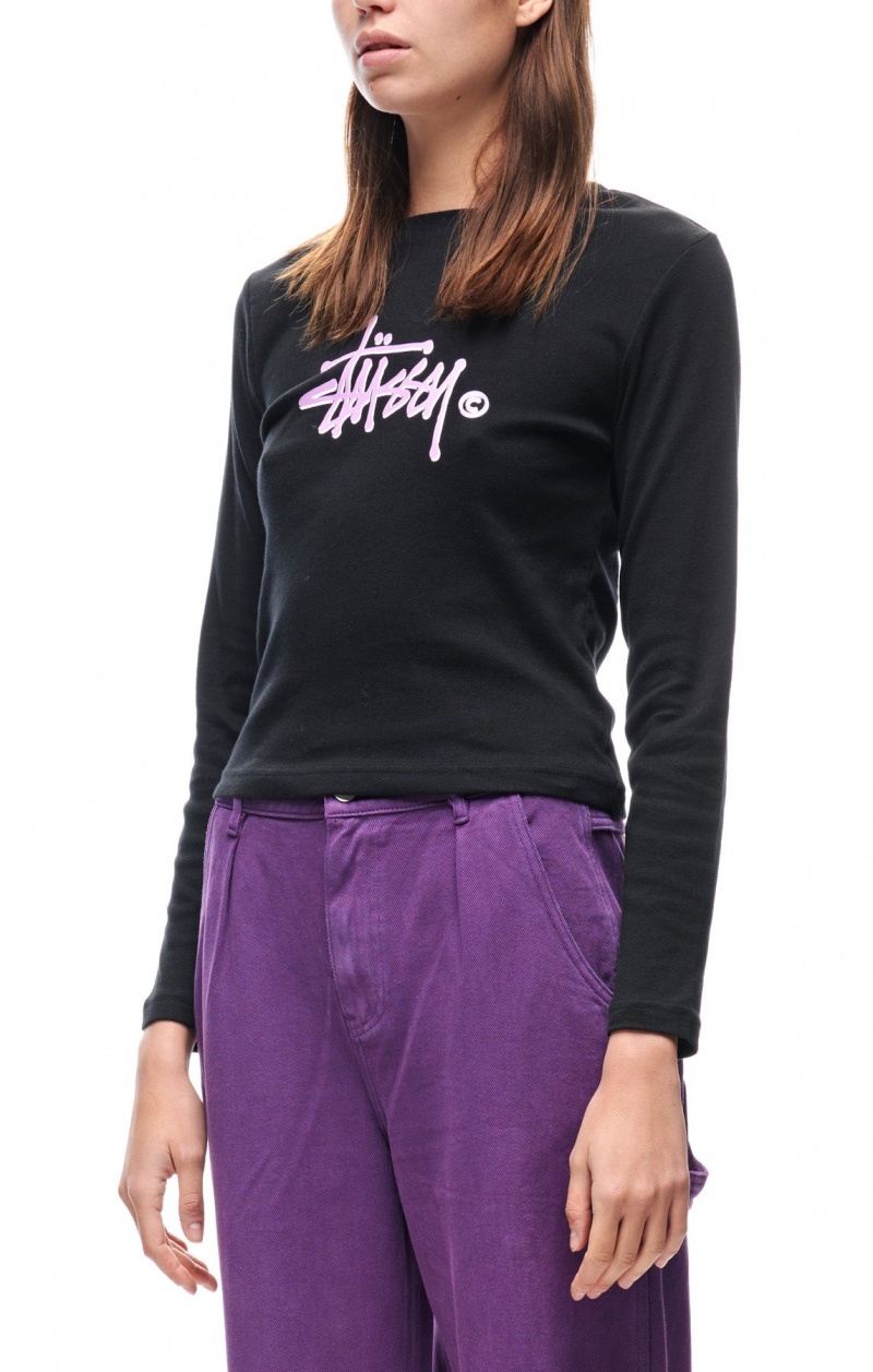 Black/Lilac Stüssy Graffiti Rib Ls Tee | RKOQSZ-510