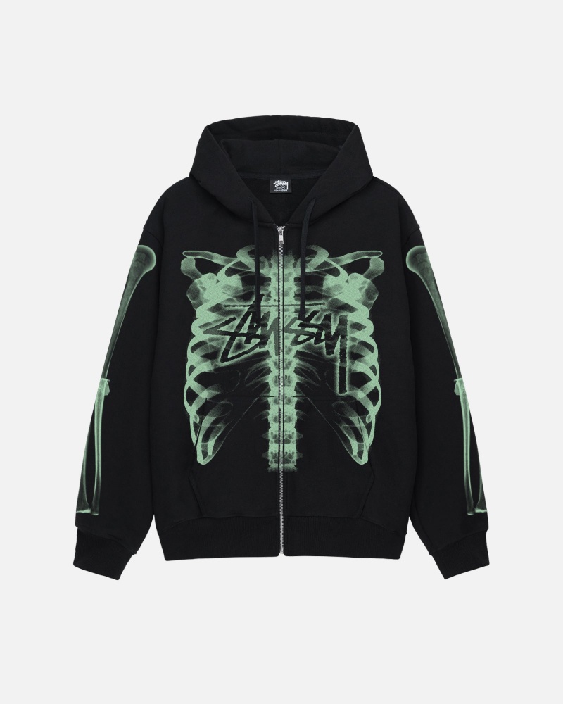 Black Green Stüssy Rib Cage Zip Hood | ILFK-84513