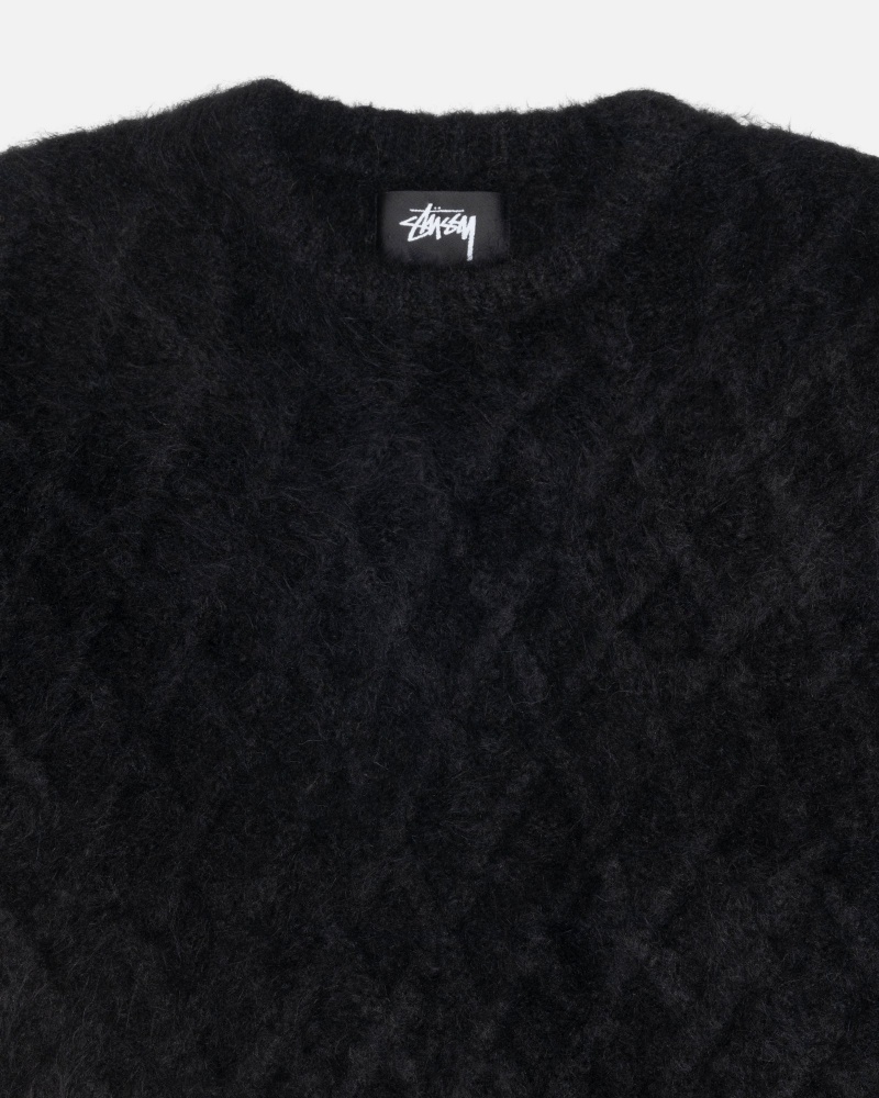 Black Stüssy Fuzzy Lattice Crew Sweater | QHNU4-7092