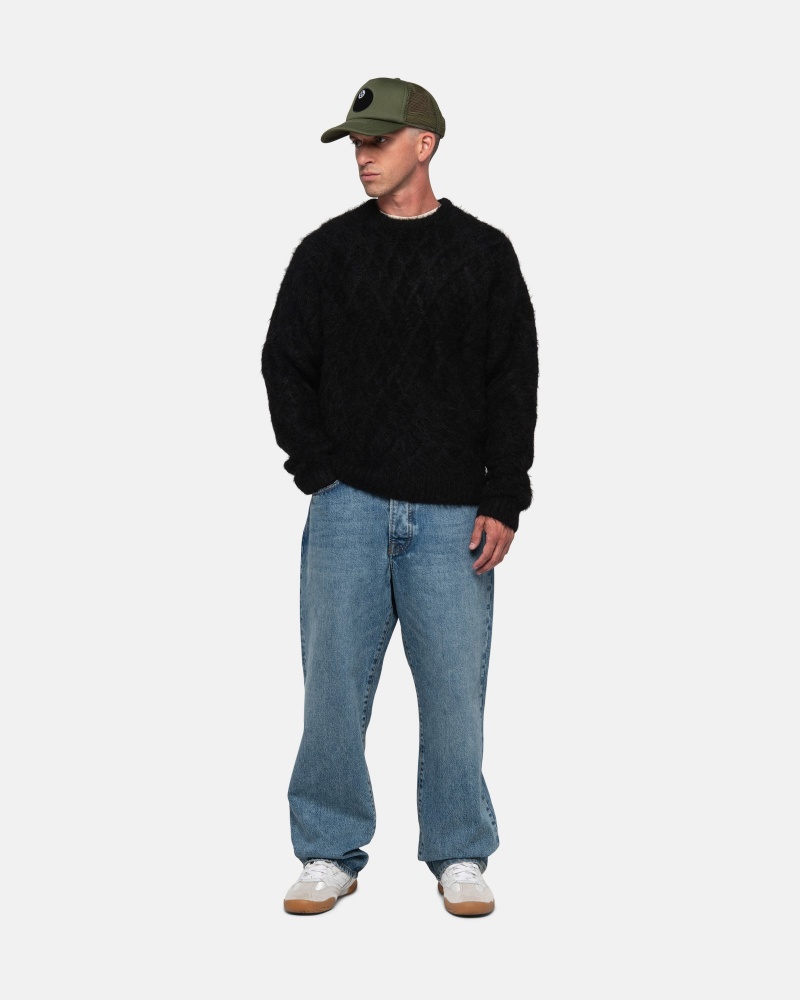 Black Stüssy Fuzzy Lattice Crew Sweater | QHNU4-7092