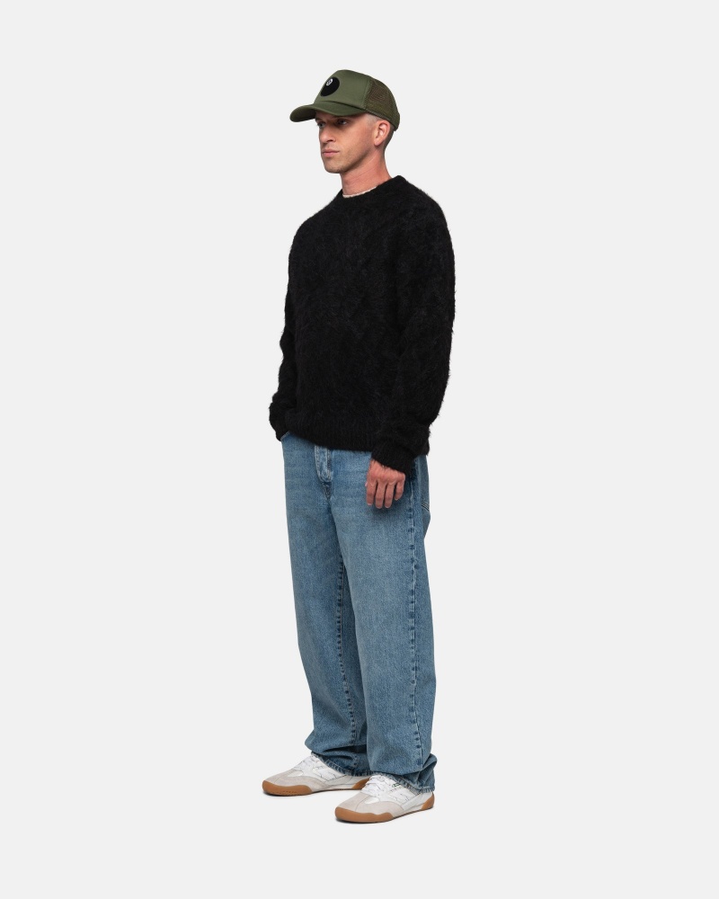 Black Stüssy Fuzzy Lattice Crew Sweater | QHNU4-7092