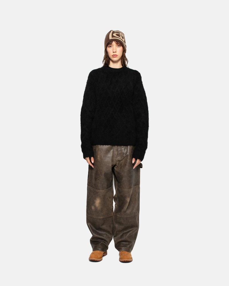 Black Stüssy Fuzzy Lattice Crew Sweater | QHNU4-7092