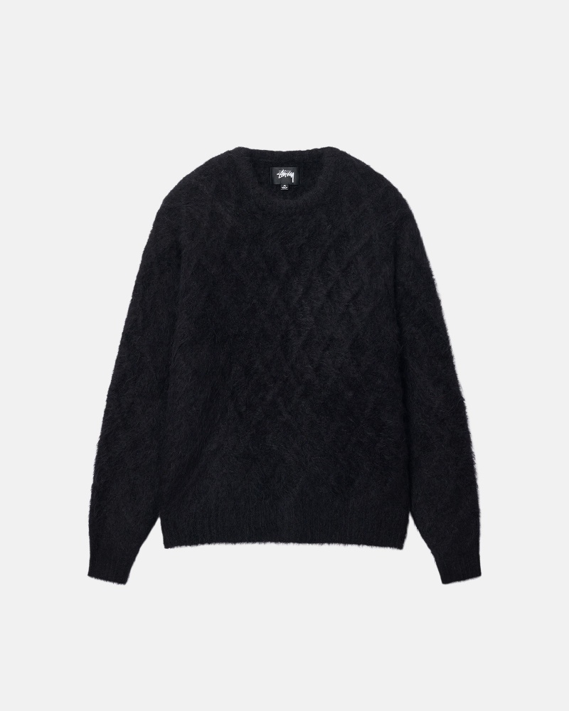 Black Stüssy Fuzzy Lattice Crew Sweater | QHNU4-7092