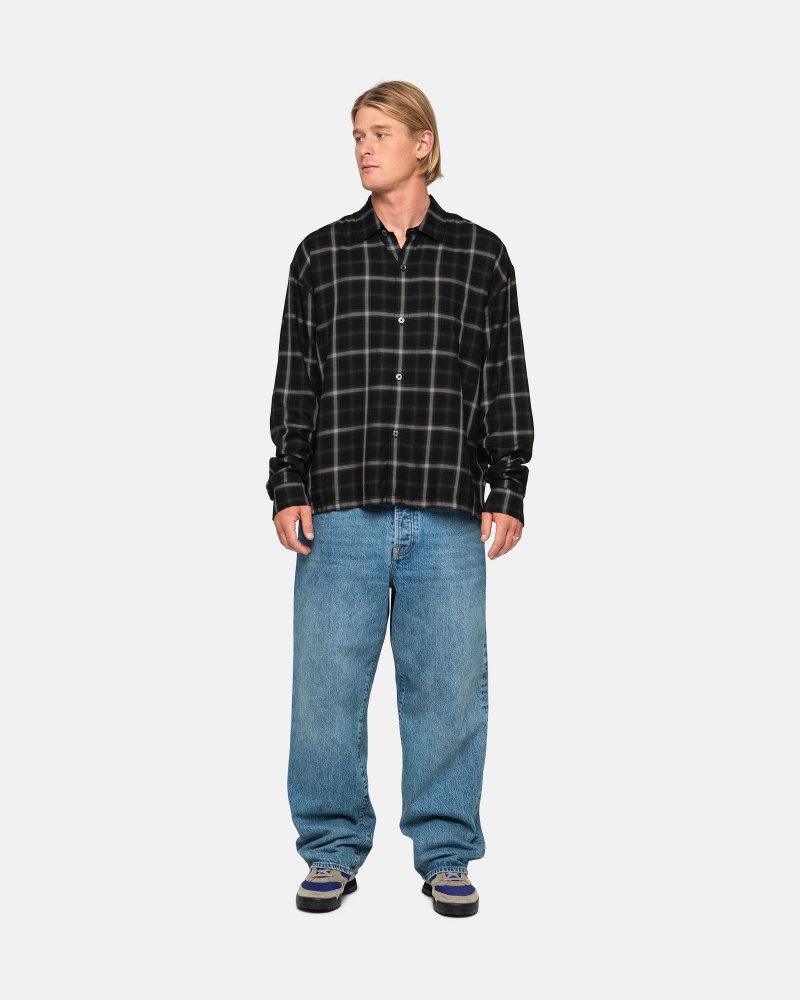 Black Stüssy Shadow Plaid Rayon Shirt | UQBO3-1524