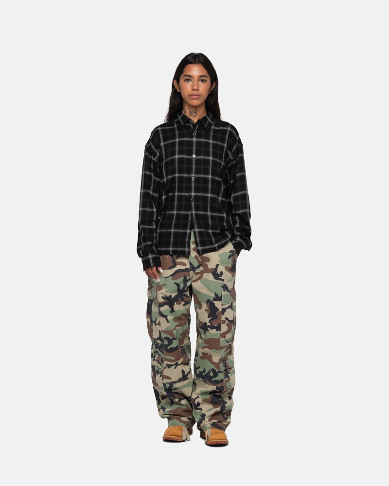 Black Stüssy Shadow Plaid Rayon Shirt | UQBO3-1524