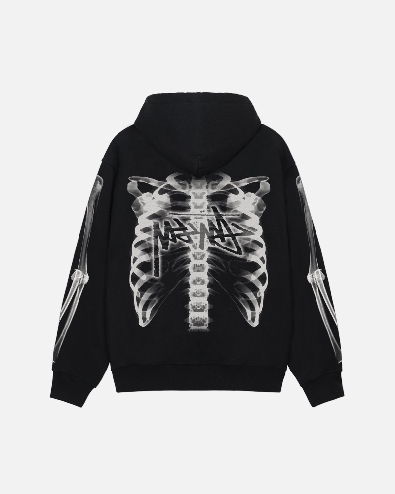 Black White Stüssy Rib Cage Zip Hood | BINL-45729