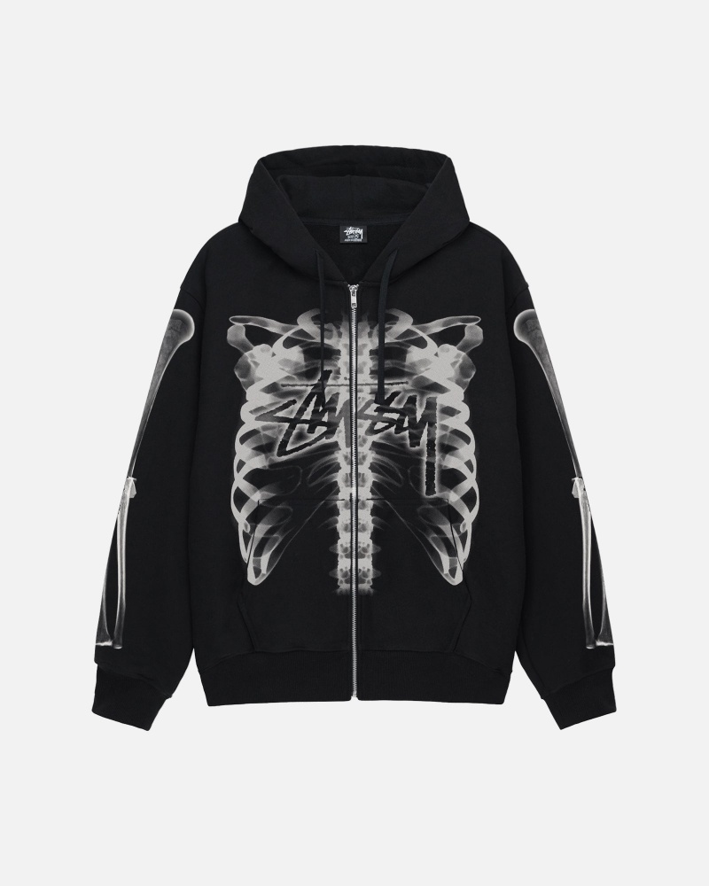 Black White Stüssy Rib Cage Zip Hood | BINL-45729