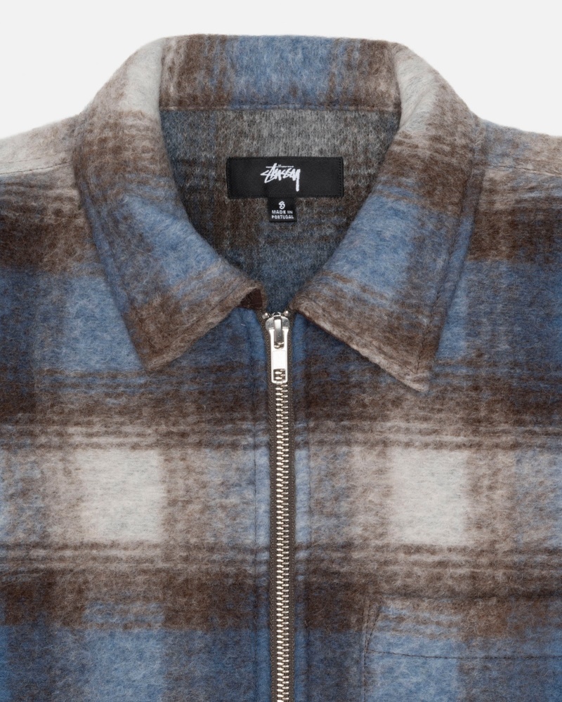 Blue Stüssy Brushed Wool Plaid Zip Shirt | JWTX7-6918