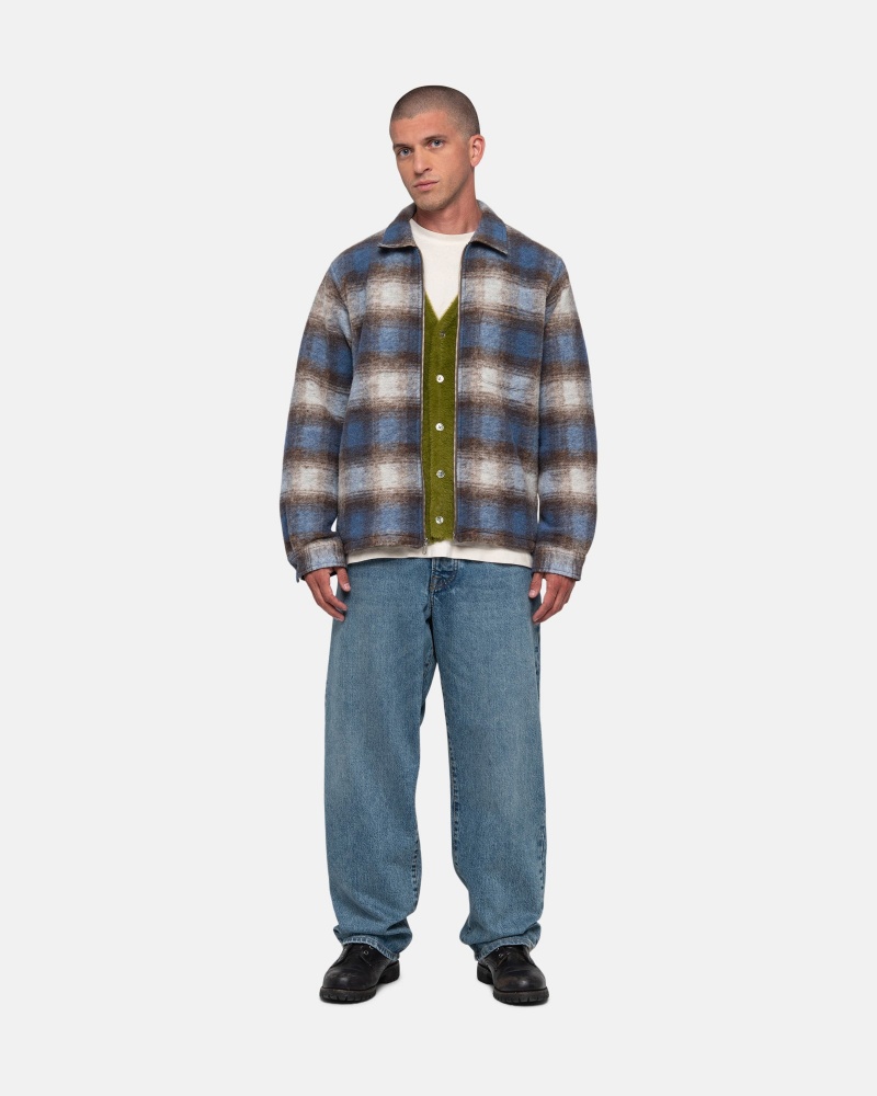 Blue Stüssy Brushed Wool Plaid Zip Shirt | JWTX7-6918