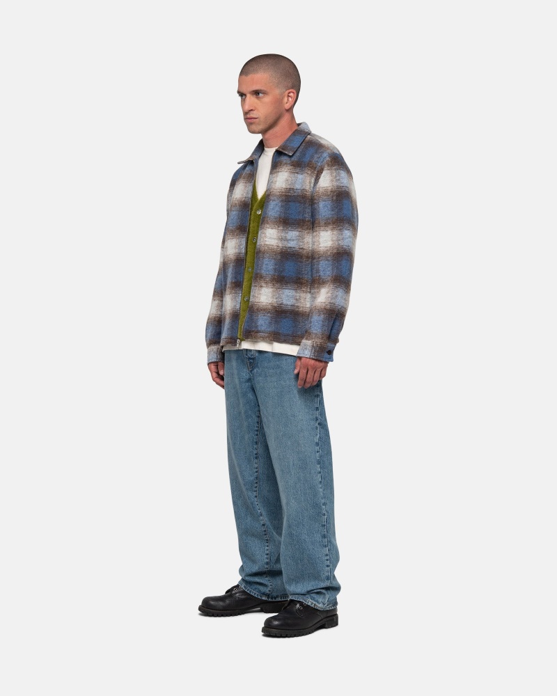 Blue Stüssy Brushed Wool Plaid Zip Shirt | JWTX7-6918