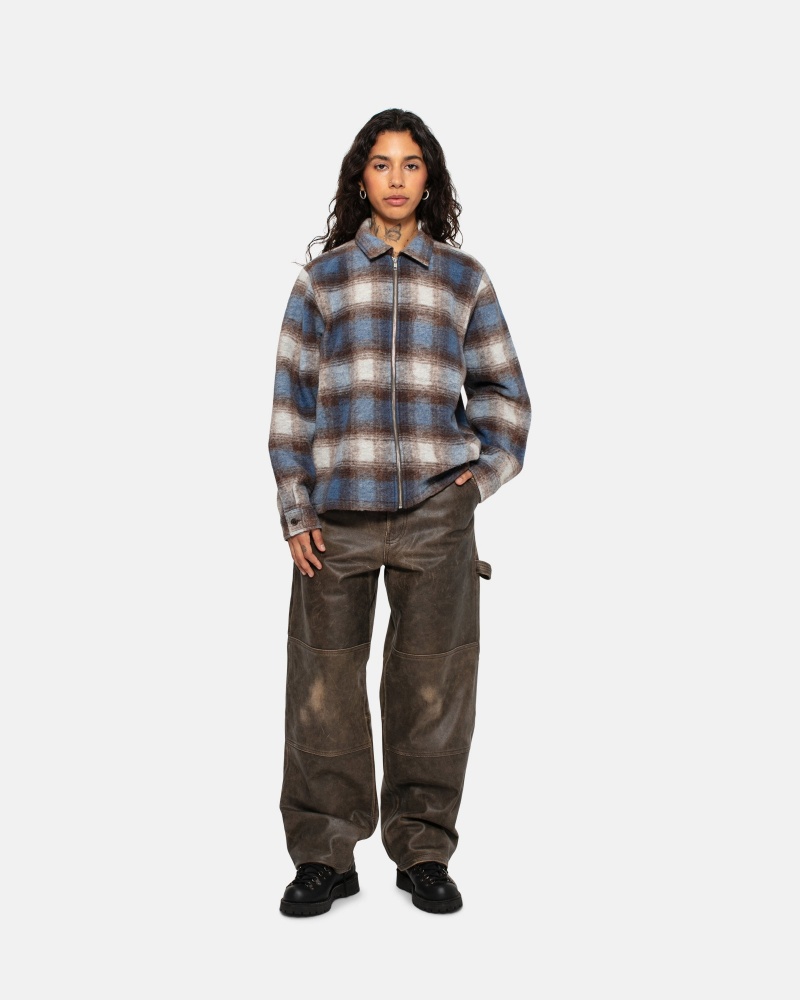 Blue Stüssy Brushed Wool Plaid Zip Shirt | JWTX7-6918