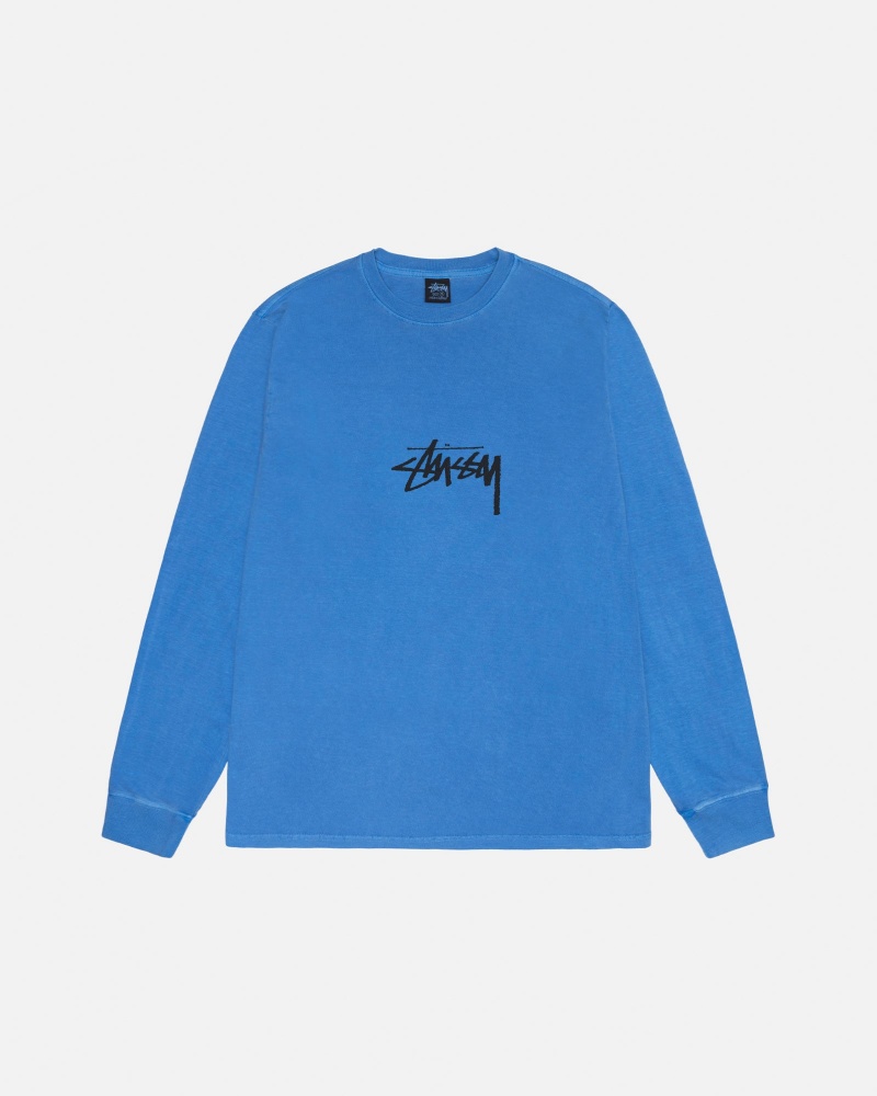 Blue Stüssy Small Stock LS Tee Pigment Dyed | UZEJ-45039