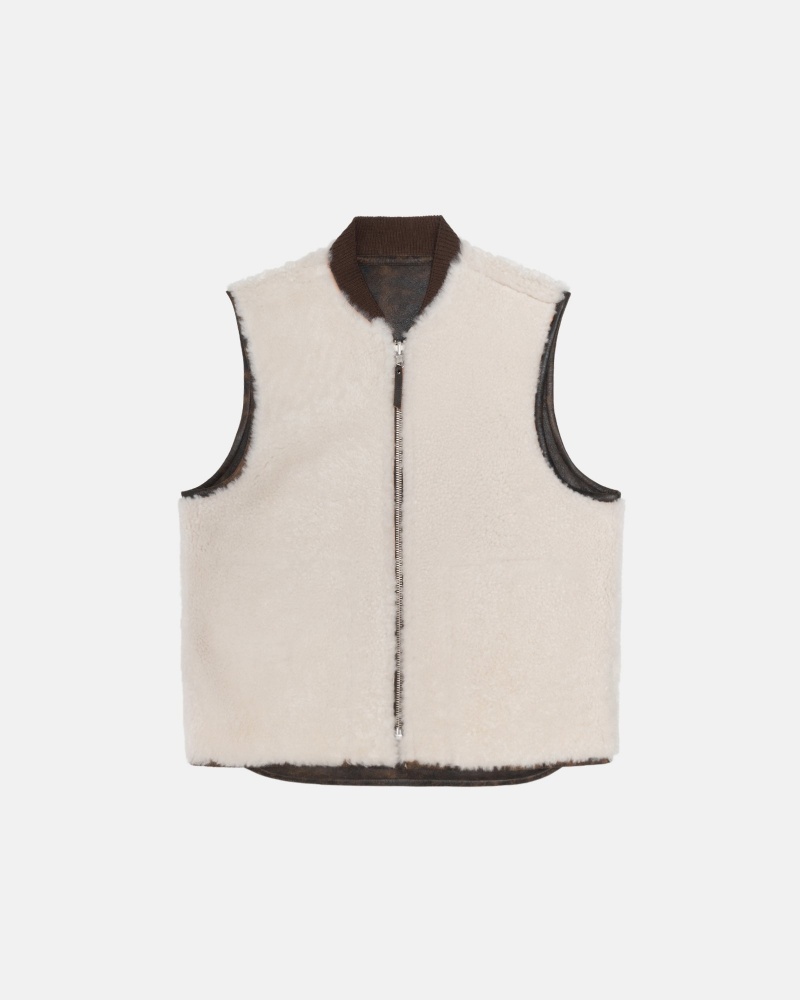 Brown Stüssy Reversible Shearling Workgear Vest | UTQR4-5790