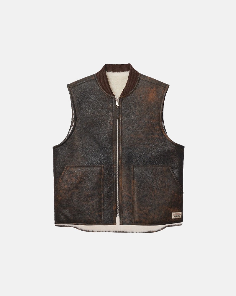 Brown Stüssy Reversible Shearling Workgear Vest | UTQR4-5790