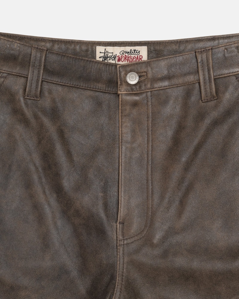 Brown Stüssy Work Pant Distressed Leather | BDZA6-1750