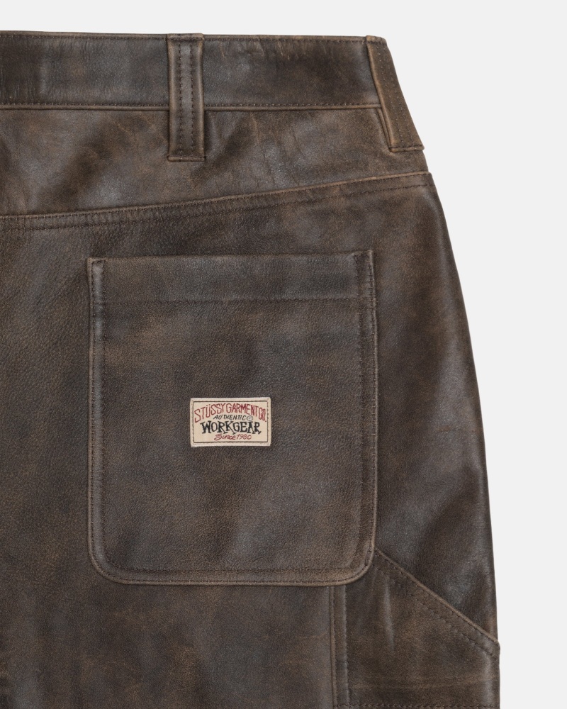 Brown Stüssy Work Pant Distressed Leather | BDZA6-1750