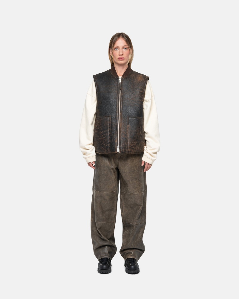 Brown Stüssy Work Pant Distressed Leather | BDZA6-1750