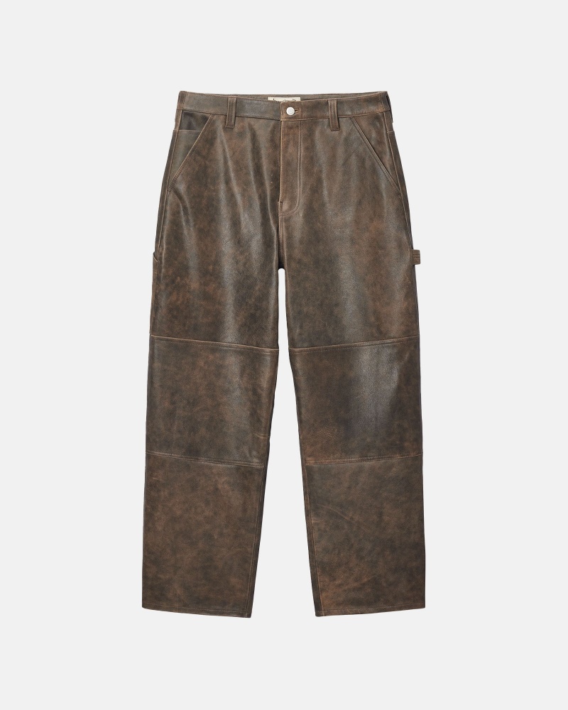 Brown Stüssy Work Pant Distressed Leather | BDZA6-1750