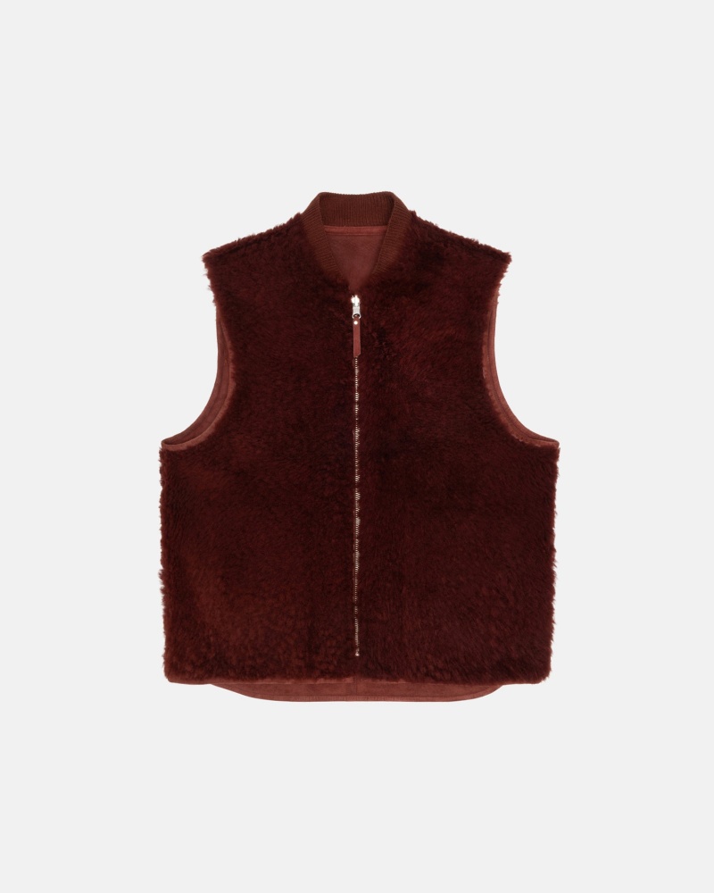 Burgundy Stüssy Reversible Shearling Workgear Vest | UDEP8-2607