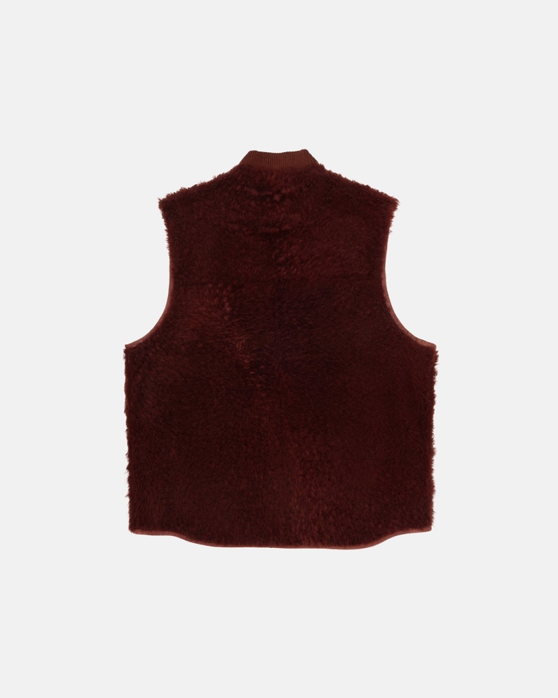 Burgundy Stüssy Reversible Shearling Workgear Vest | UDEP8-2607