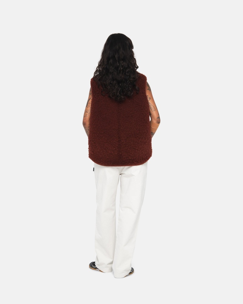 Burgundy Stüssy Reversible Shearling Workgear Vest | UDEP8-2607