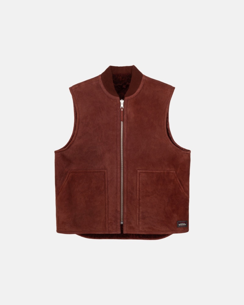 Burgundy Stüssy Reversible Shearling Workgear Vest | UDEP8-2607