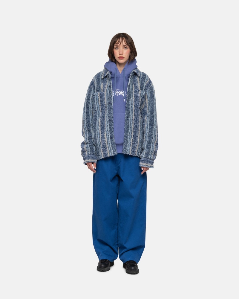 Indigo Stüssy Striped Sherpa Shirt | RHKQ2-8467