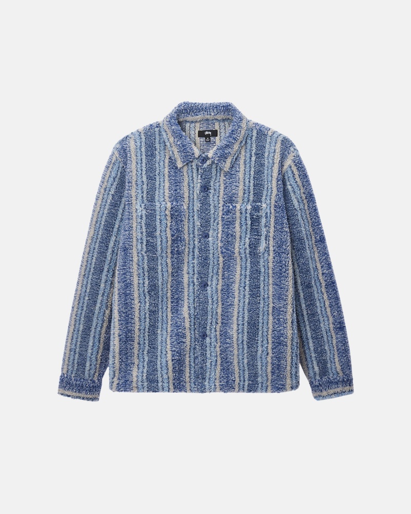 Indigo Stüssy Striped Sherpa Shirt | RHKQ2-8467