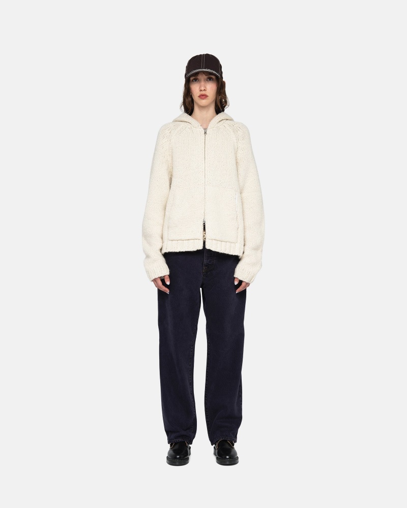 Ivory Stüssy Chunky Knit Zip Hoodie | MROT-31970