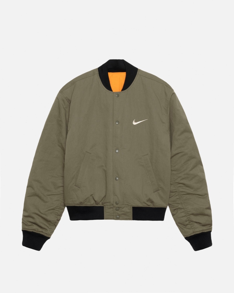 Medium Olive/Bright Mandarin Stüssy & Nike Reversible Varsity Jacket | DHIC1-9837