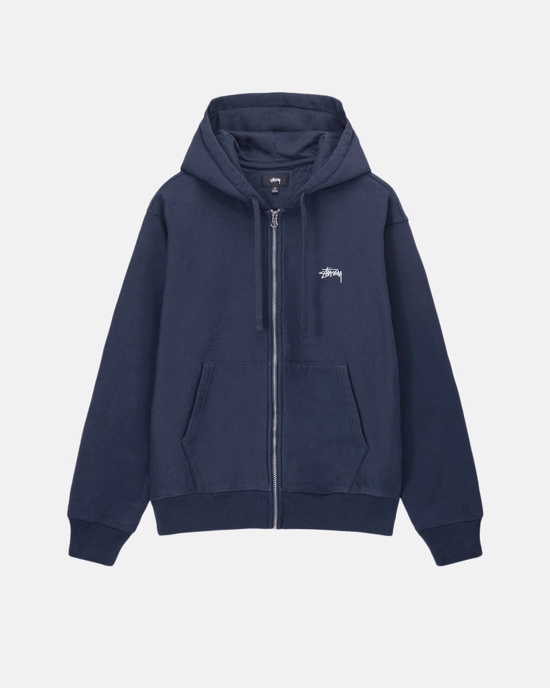 Navy Stüssy Stock Logo Zip Hoodie | HLCU-75014