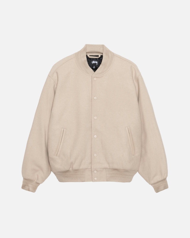 Oatmeal Stüssy Sport Melton Varsity Jacket | MJHR0-6941