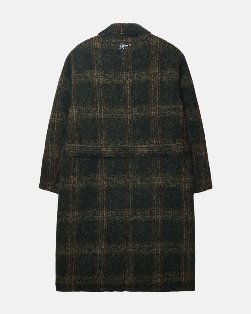 Olive Plaid Stüssy Mohair Trench Coat | YIDN-92857