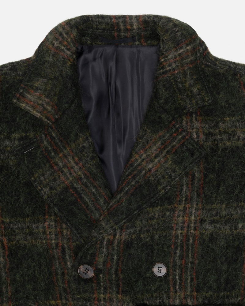 Olive Plaid Stüssy Mohair Trench Coat | YIDN-92857