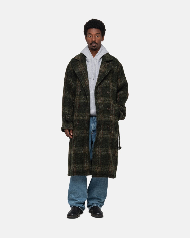 Olive Plaid Stüssy Mohair Trench Coat | YIDN-92857