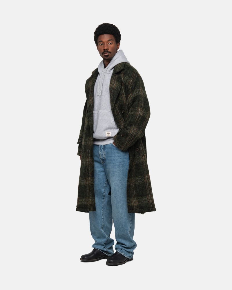 Olive Plaid Stüssy Mohair Trench Coat | YIDN-92857