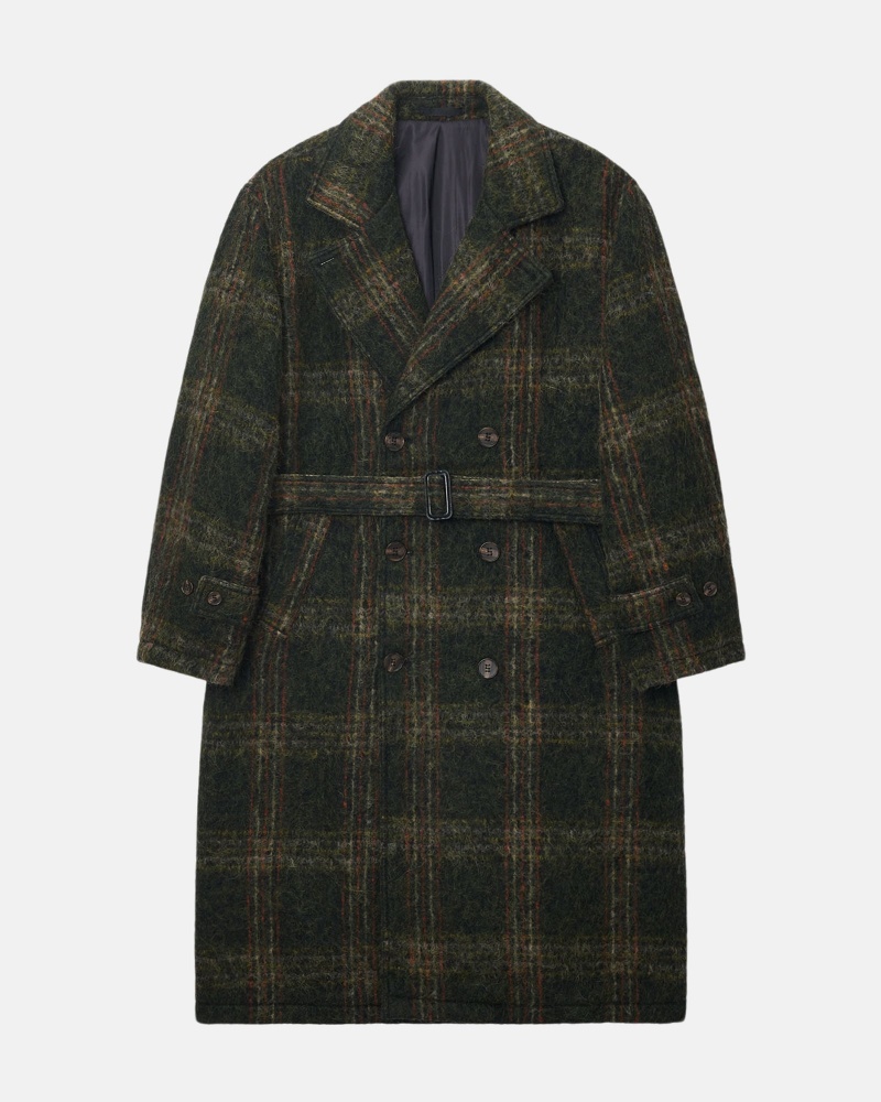 Olive Plaid Stüssy Mohair Trench Coat | YIDN-92857