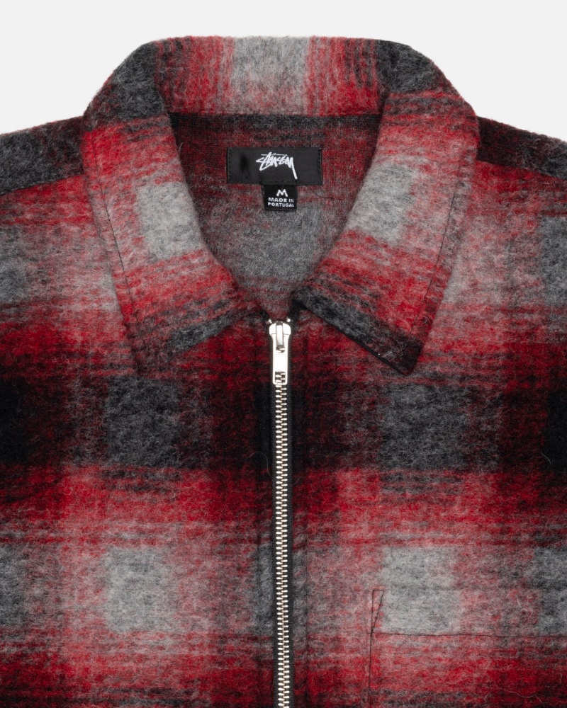 Red Stüssy Brushed Wool Plaid Zip Shirt | URYW5-8920