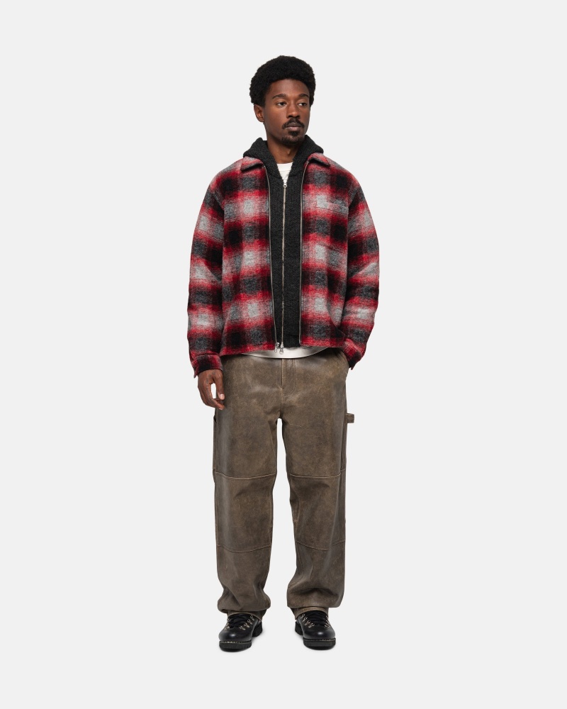 Red Stüssy Brushed Wool Plaid Zip Shirt | URYW5-8920