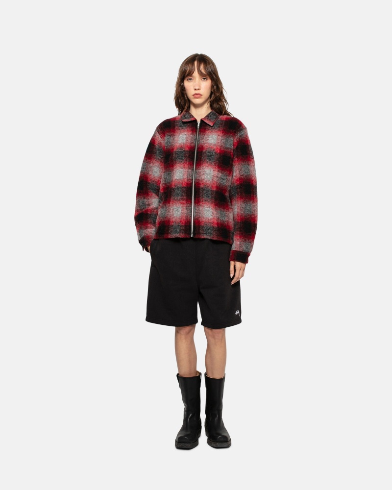 Red Stüssy Brushed Wool Plaid Zip Shirt | URYW5-8920