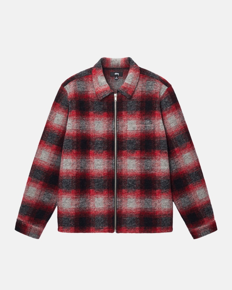 Red Stüssy Brushed Wool Plaid Zip Shirt | URYW5-8920