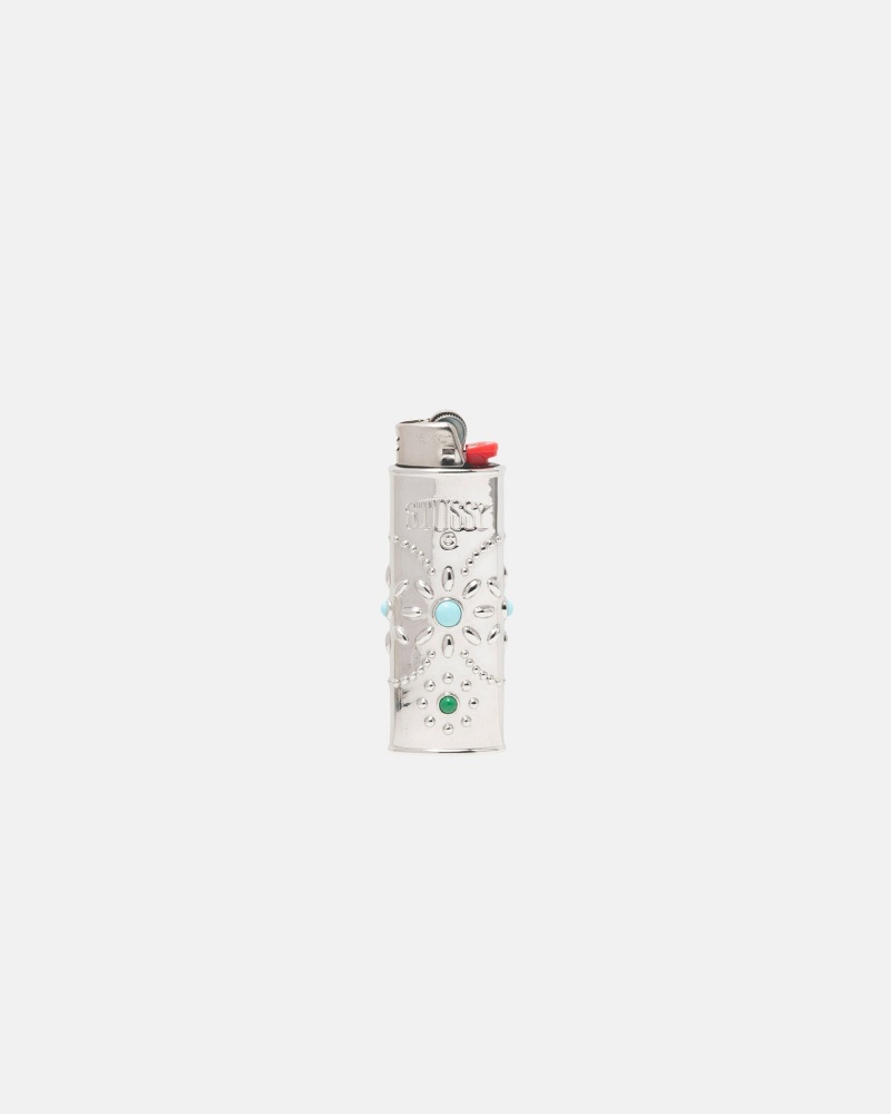 Silver Stüssy Metal Bejeweled Lighter Case | XQWM3-4091