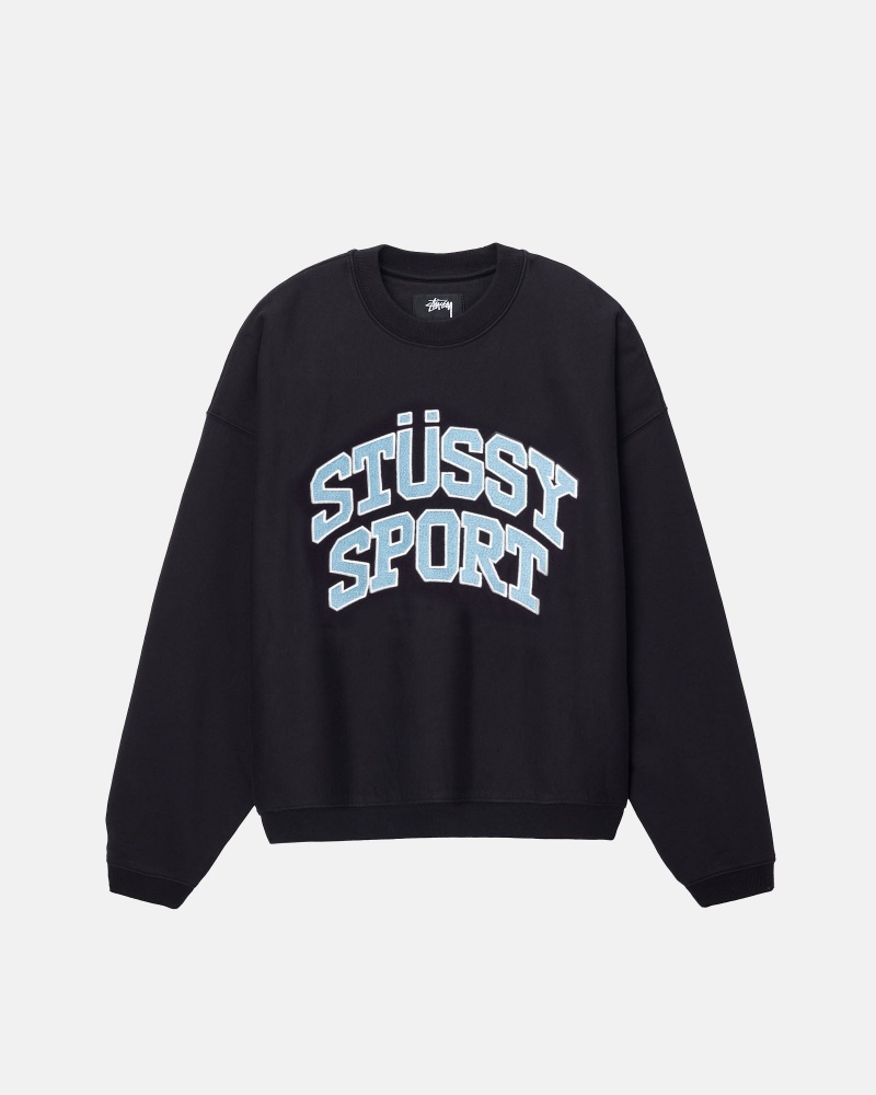 Washed Black Stüssy Sport Relaxed Oversized Crew | AJCH4-5901