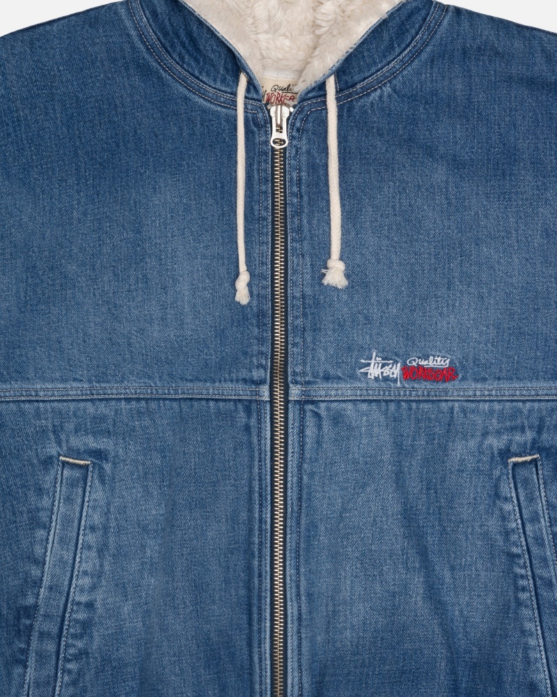 Washed Blue Stüssy Work Jacket Denim Sherpa | RCNQ9-5036