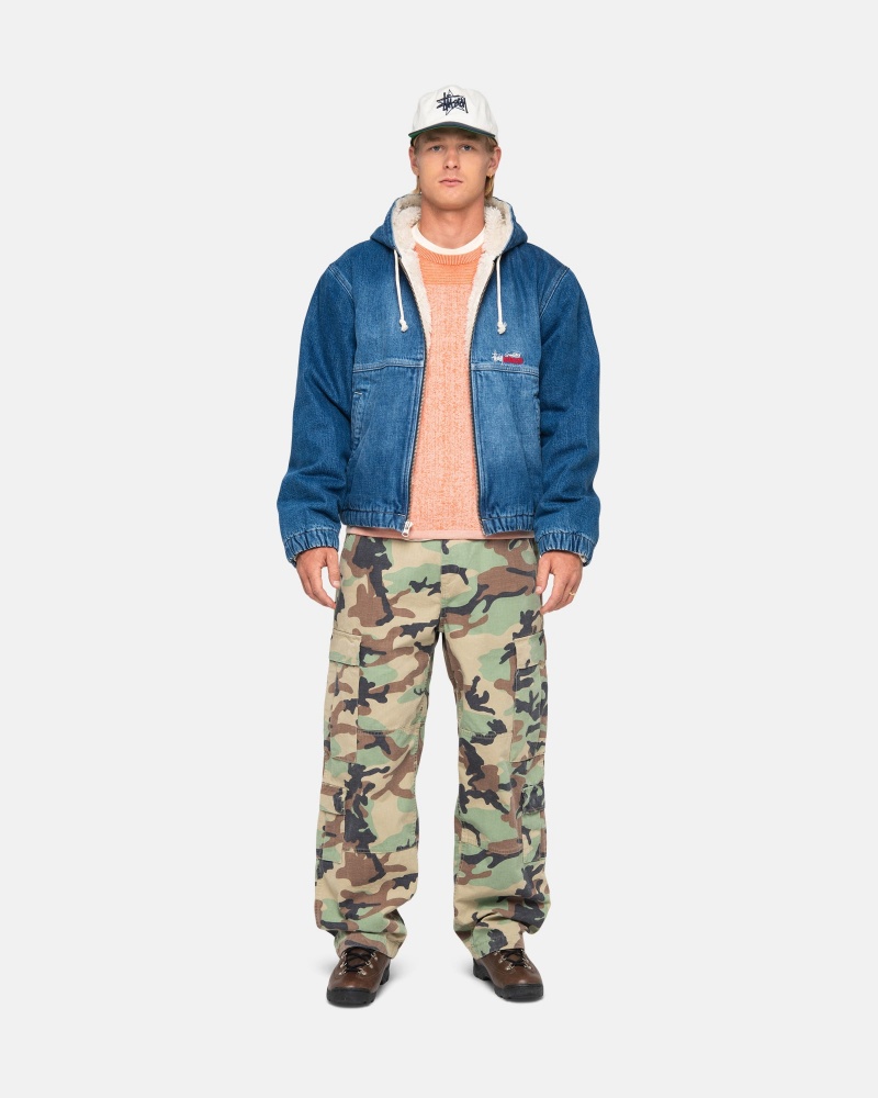 Washed Blue Stüssy Work Jacket Denim Sherpa | RCNQ9-5036